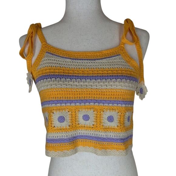 New In Tops - Womens Summer Crop Crochet Flower Top Purple Yellow Floral Size S/M by New In